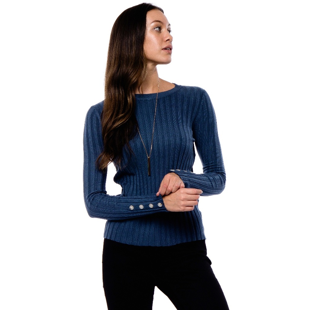 Teal Ribbed Button Cuff Sweater Top